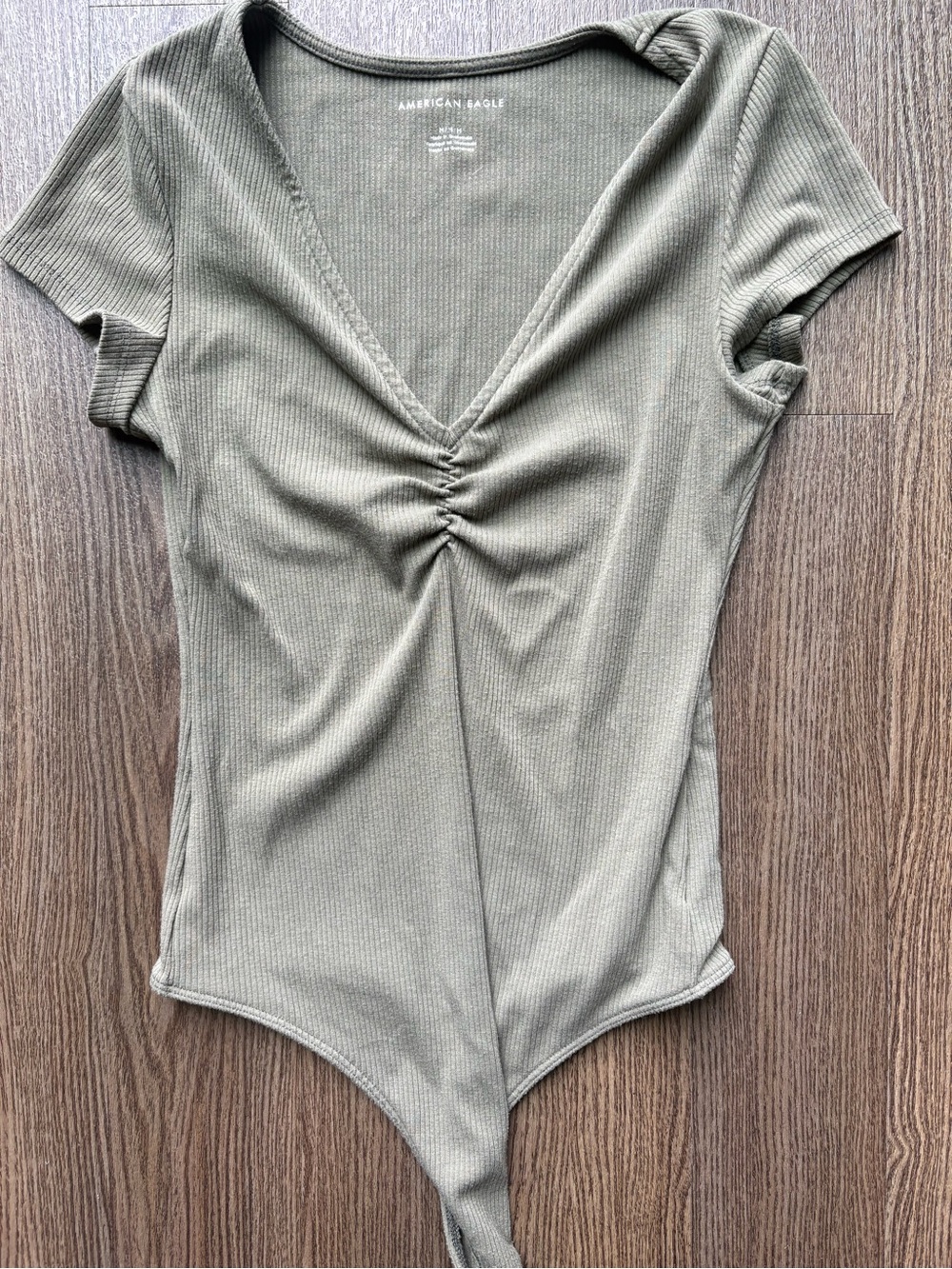 American Eagle Outfitters Olive Ribbed V‑Neck Short Sleeve Bodysuit